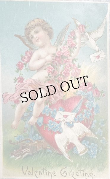 画像1: Postcard 　アンティークポストカード 　バレンタイン　キューピッド天使　ハート　白鳩　薔薇 (1)
