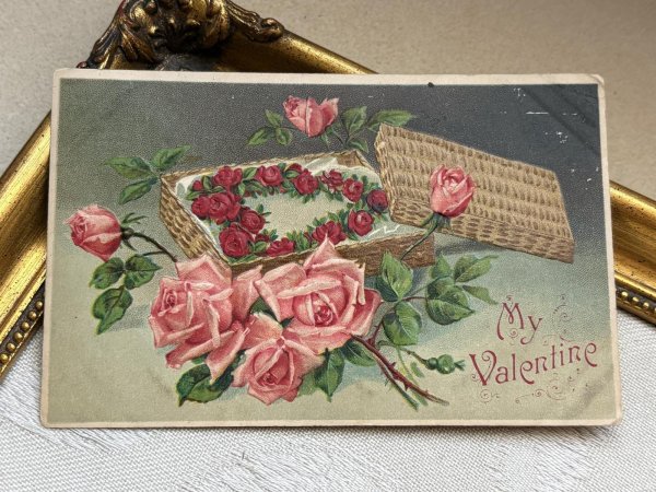 画像2: Postcard 　アンティークポストカード 　バレンタイン　薔薇のお花のリース　バスケット　アメリカ1908年 (2)