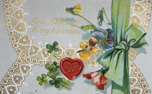 画像1: Postcard 　アンティークポストカード 　バレンタイン　お花　リボン　レース　スミレ　四つ葉クローバー (1)