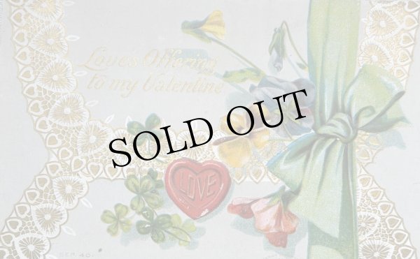 画像1: Postcard 　アンティークポストカード 　バレンタイン　お花　リボン　レース　スミレ　四つ葉クローバー (1)