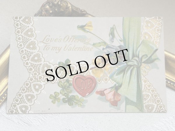 画像2: Postcard 　アンティークポストカード 　バレンタイン　お花　リボン　レース　スミレ　四つ葉クローバー (2)