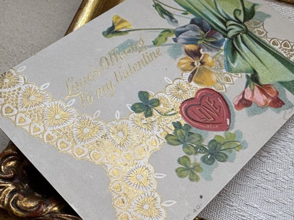 画像3: Postcard 　アンティークポストカード 　バレンタイン　お花　リボン　レース　スミレ　四つ葉クローバー (3)