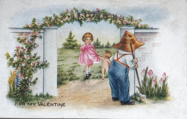 画像1: Postcard 　アンティークポストカード 　バレンタイン　庭師の男の子に会いに来た女の子とキューピッド天使 (1)