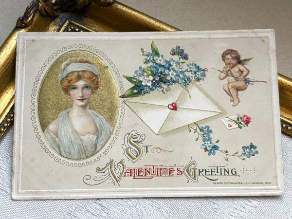画像2: Postcard 　アンティークポストカード 　バレンタイン　キューピッド天使と女性　手紙　忘れな草 (2)