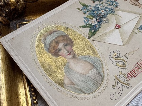 画像3: Postcard 　アンティークポストカード 　バレンタイン　キューピッド天使と女性　手紙　忘れな草 (3)