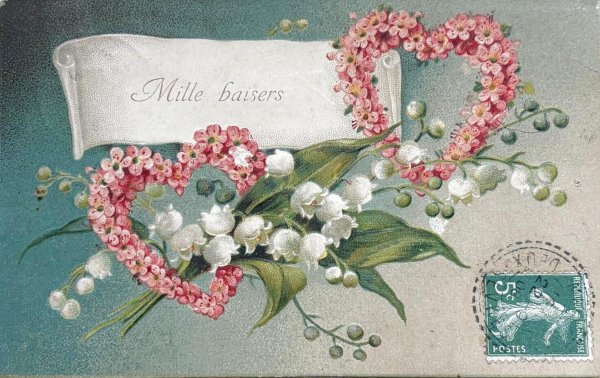 画像1: Postcard 　アンティークポストカード 　バレンタイン　スズラン　お花のリース　フランス1908年 (1)