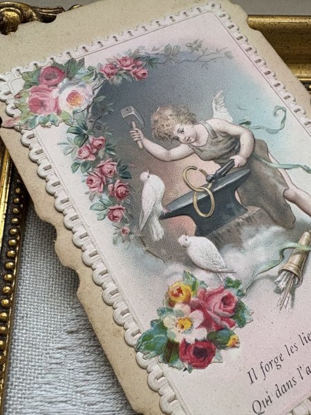 画像3: Postcard 　アンティークポストカード 　バレンタイン　ペアリングを作るキューピッド天使の鍛冶屋さん　薔薇　結婚指輪　フランス　（未使用） (3)