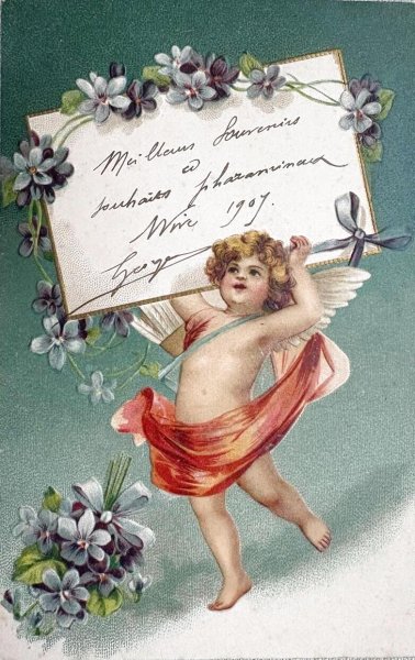 画像1: Postcard 　アンティークポストカード 　天使のメッセージボード　スミレ　Ellen Clapsaddle　フランス1907年 (1)