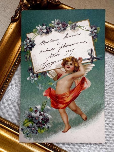 画像2: Postcard 　アンティークポストカード 　天使のメッセージボード　スミレ　Ellen Clapsaddle　フランス1907年 (2)