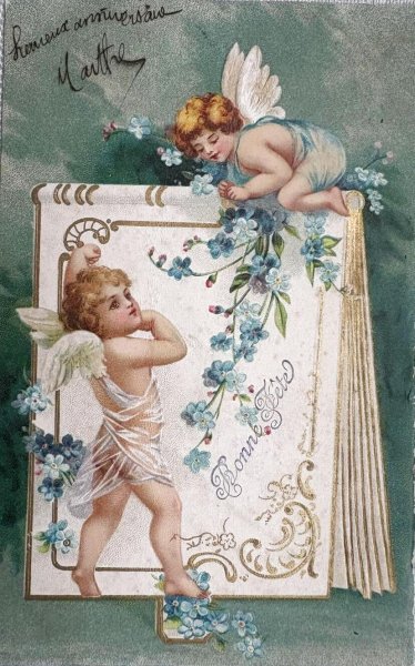 画像1: Postcard 　アンティークポストカード 　天使のアルバム　忘れな草　Ellen Clapsaddle　フランス1905年 (1)