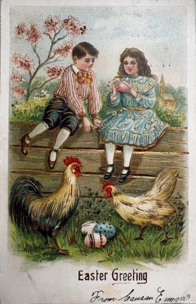 画像1: Postcard　アンティークポストカード　イースター　ニワトリと子どもたち　卵　アメリカ1907年 (1)