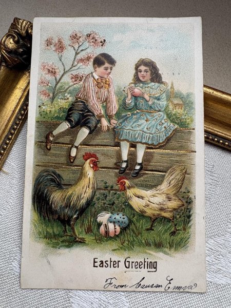 画像2: Postcard　アンティークポストカード　イースター　ニワトリと子どもたち　卵　アメリカ1907年 (2)