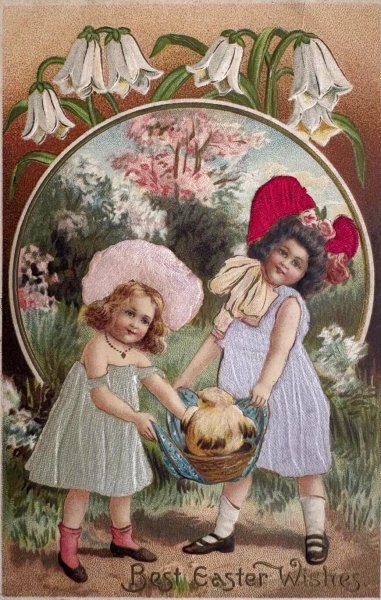 画像1: Postcard 　アンティークポストカード 　イースター　ヒヨコを運ぶ女の子たち　ひよこ　シルク　スノードロップ　（未使用） (1)