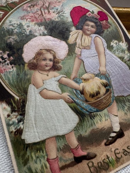 画像3: Postcard 　アンティークポストカード 　イースター　ヒヨコを運ぶ女の子たち　ひよこ　シルク　スノードロップ　（未使用） (3)