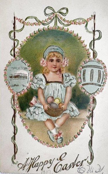 画像1: Postcard 　アンティークポストカード 　イースター　卵と女の子　リボン (1)