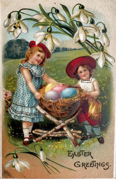 画像1: Postcard 　アンティークポストカード 　イースター　卵を運ぶ子どもたち　スノードロップ　（未使用） (1)