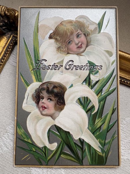 画像2: Postcard 　アンティークポストカード 　イースター　白百合のお花と子どもたち　Frances Brundage 1909年 (2)