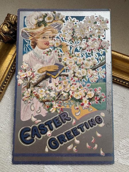 画像2: Postcard 　アンティークポストカード 　イースター　ブロッサムと花帽子の女性　アメリカ1909年 (2)