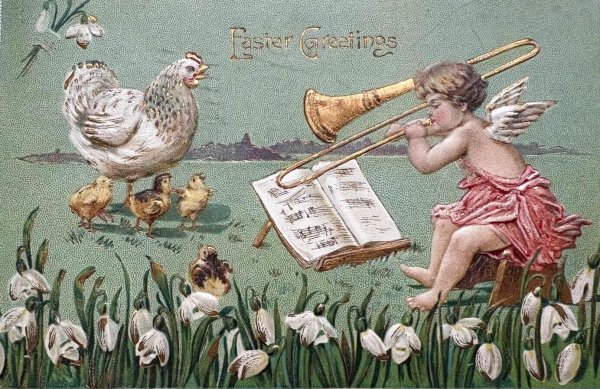 画像1: Postcard 　アンティークポストカード 　イースター　ラッパを吹く天使とニワトリとヒヨコ　トランペット　トロンボーン　スノードロップ (1)