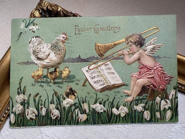 画像2: Postcard 　アンティークポストカード 　イースター　ラッパを吹く天使とニワトリとヒヨコ　トランペット　トロンボーン　スノードロップ (2)