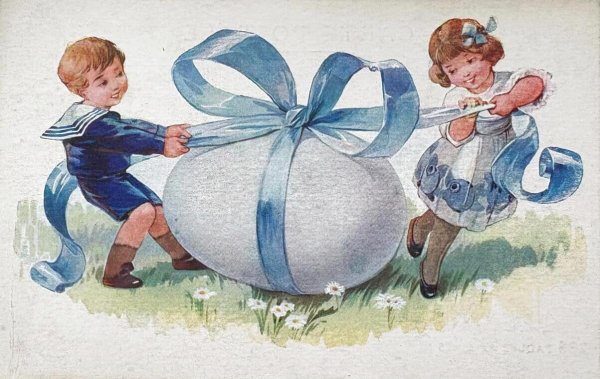 画像1: Postcard 　アンティークポストカード 　イースター　卵のリボンを引っ張る子どもたち　フランス　（未使用） (1)