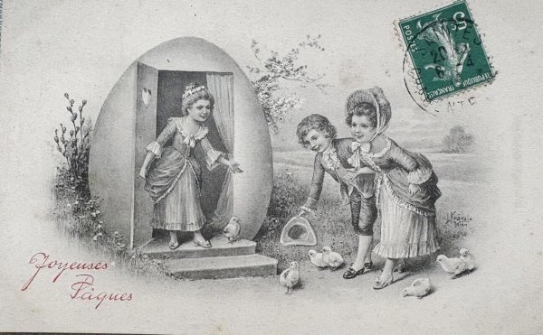 画像1: Postcard 　アンティークポストカード   イースター　卵のお家へようこそ　ウィーン趣味　オーストリア製 (1)