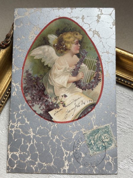 画像2: Postcard 　アンティークポストカード 　イースター　ハープを弾く天使　Ellen Clapsaddle　フランス (2)