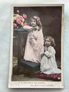 フランス アンティーク 本物 ポストカード 少年 少女 セピア 写真 