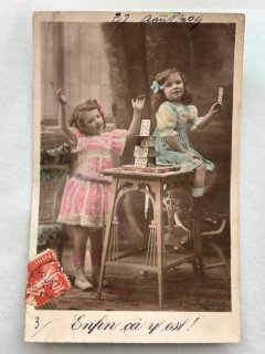 フランス アンティーク 本物 ポストカード 少年 少女 セピア 写真 