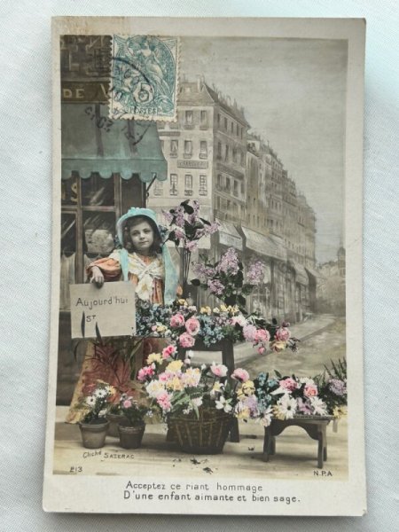 画像1: Postcard    アンティークポストカード　お花屋さんの女の子　フランス　1907年 (1)