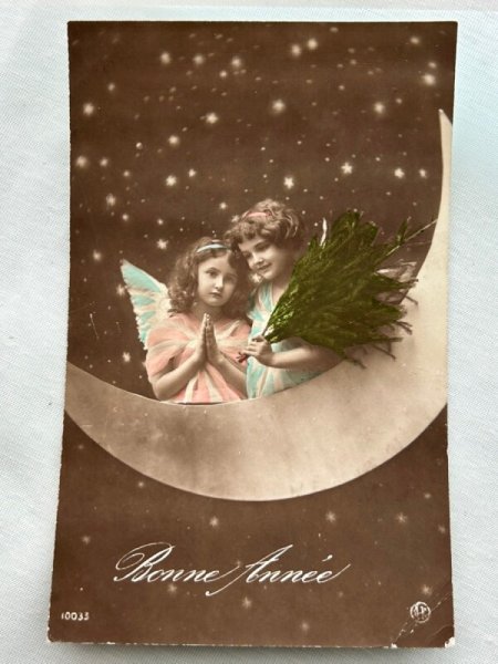 画像1: Postcard    アンティークポストカード　写真　三日月と天使　フランス (1)
