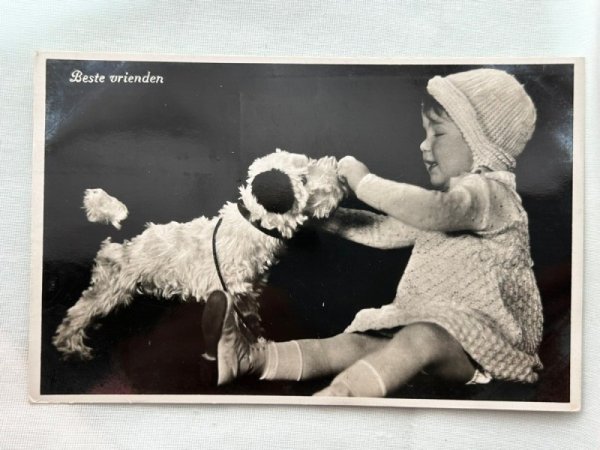 画像1: Postcard　アンティークポストカード　女の子と犬のぬいぐるみ　写真　オランダ1934年 (1)