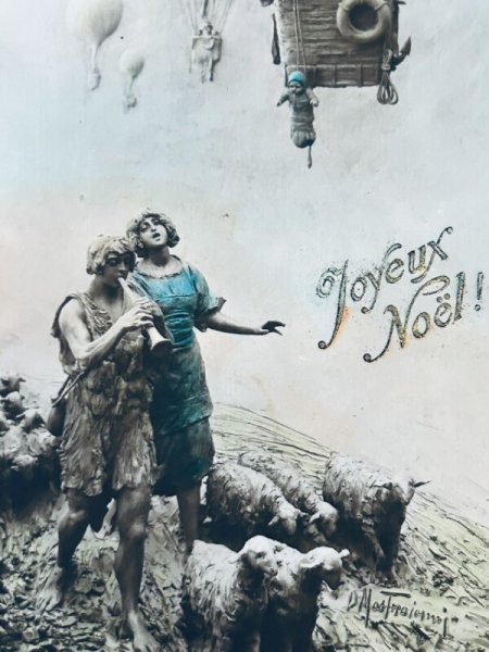 画像2: Postcard　アンティークポストカード　クリスマス　羊飼いの夫婦　赤ちゃんのプレゼント　気球　フランス (2)