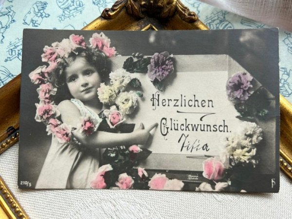 画像2: Postcard　アンティークポストカード　お花と女の子　写真　ドイツ1908年 (2)