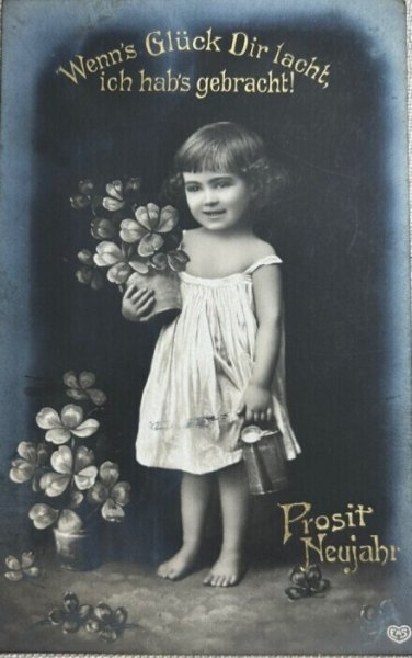 画像1: Postcard　アンティークポストカード　四つ葉クローバーと女の子　写真　ドイツ1908年 (1)