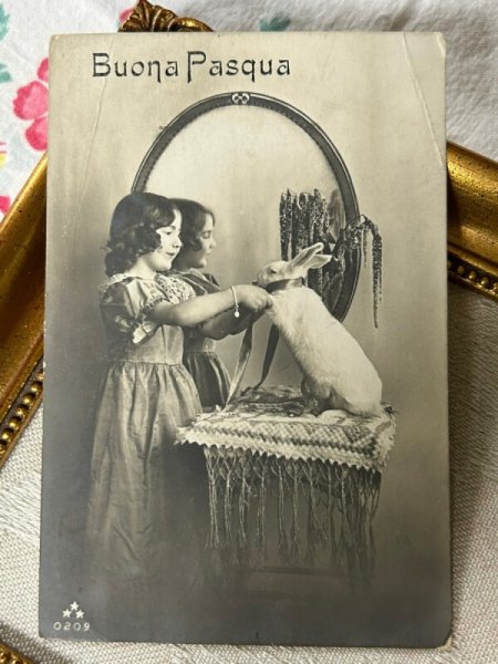 画像2: Postcard　アンティークポストカード　ウサギと女の子　うさぎ　兎　鏡　写真　スイス1916年 (2)