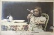 画像1: Postcard　アンティークポストカード　女の子とスープ　目覚まし時計　写真　フランス　 (1)