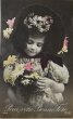 画像1: Postcard　アンティークポストカード　お花と女の子　帽子　写真　フランス1907年 (1)