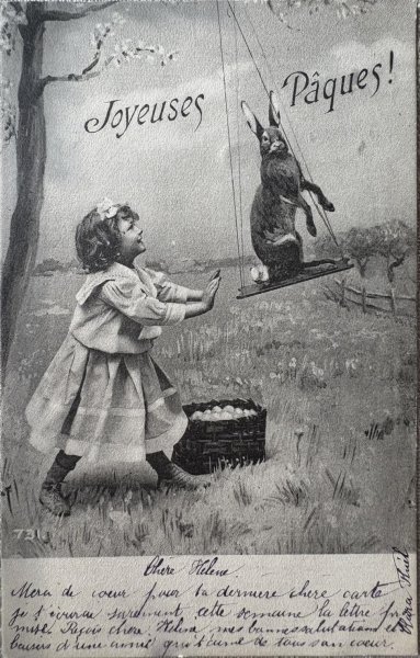 画像1: Postcard　アンティークポストカード　イースター　ウサギとブランコで遊ぶ女の子　スイス1904年 (1)