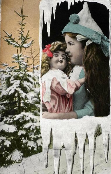 画像1: Postcard　アンティークポストカード　お人形さんと女の子　雪景色　写真　（未使用） (1)