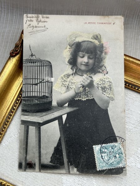 画像2: Postcard    アンティークポストカード 小鳥と女の子 鳥籠 レース フランス1904年 (2)