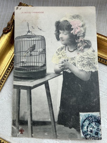 画像2: Postcard    アンティークポストカード 小鳥と女の子 鳥籠 レース フランス1904年 (2)