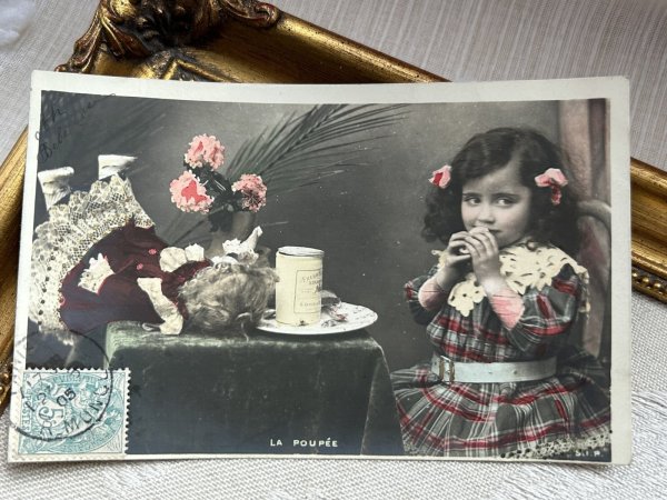 画像2: Postcard  お人形さんと女の子 クッキー フランス1905年 写真 (2)