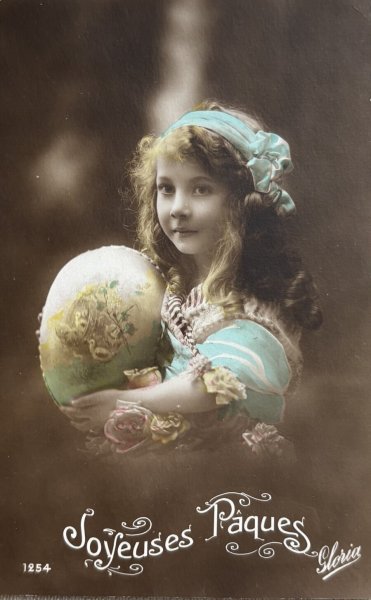 画像1: Postcard　アンティークポストカード　イースター　飾り卵と女の子　写真　1923年 (1)