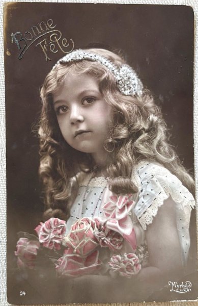 画像1: Postcard　アンティークポストカード　薔薇のお花と女の子　写真　フランス (1)