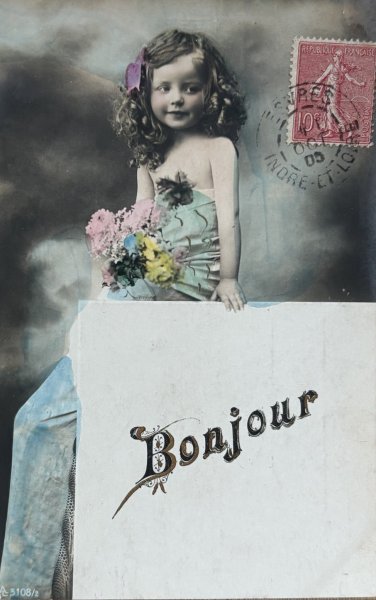 画像1: Postcard　アンティークポストカード　お花と女の子　写真　フランス1905年 (1)