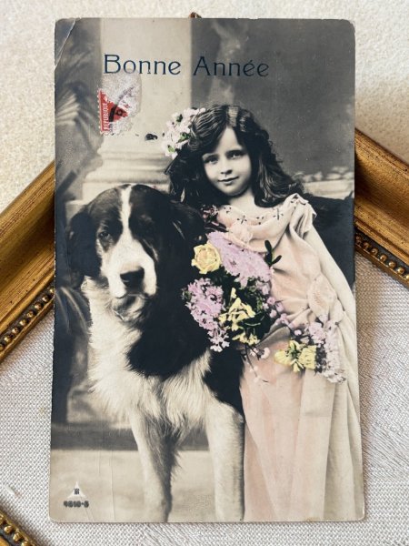 画像2: Postcard　アンティークポストカード　大きな犬と女の子　写真　フランス (2)