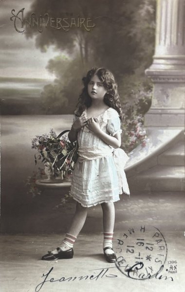 画像1: Postcard　アンティークポストカード　お花かごと女の子　パニエ　フランス1912年 (1)