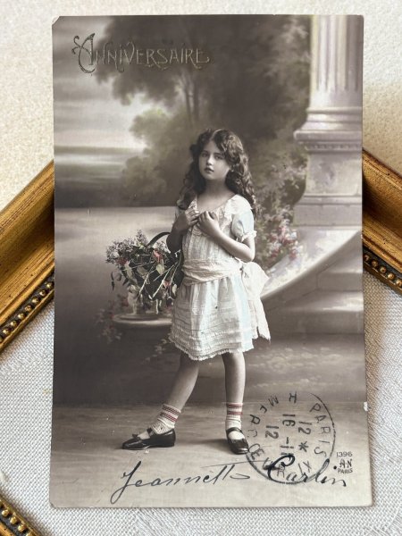 画像2: Postcard　アンティークポストカード　お花かごと女の子　パニエ　フランス1912年 (2)