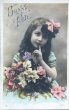 画像1: Postcard　アンティークポストカード　お花と女の子　写真　フランス1906年 (1)